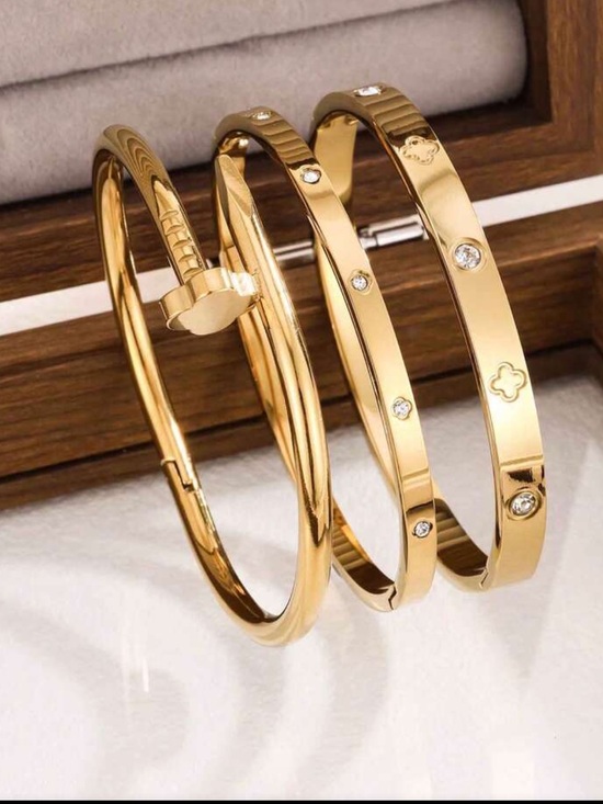 Jewelry - Gold Stainless Steel love Bracelet Set Crystal bangles stack 3pc nail clover